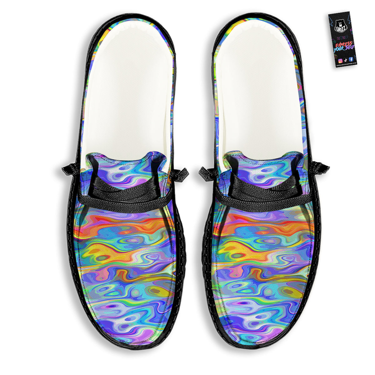 Colorful Tie Dye Wavy Hippie Print Black Loafers-grizzshop
