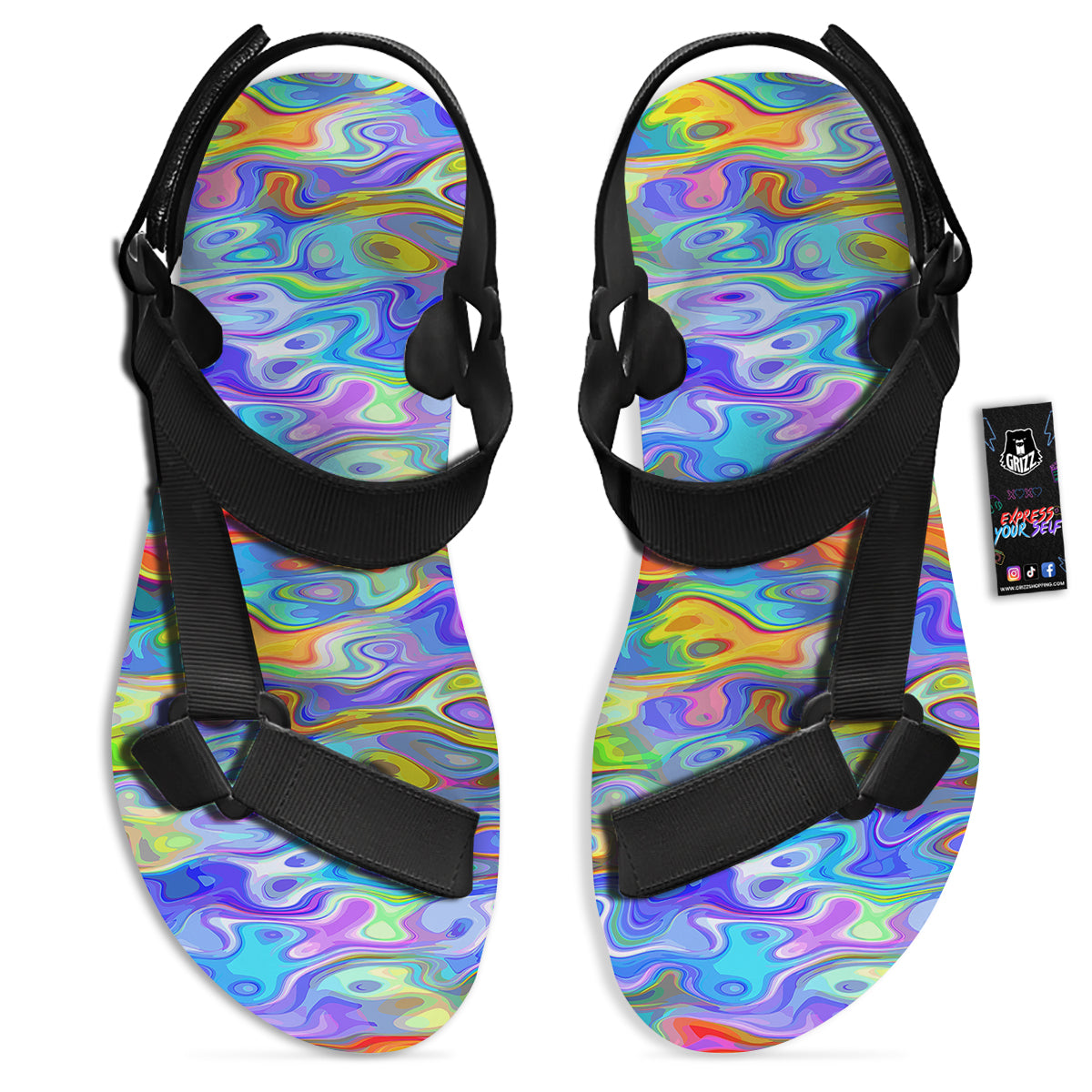 Colorful Tie Dye Wavy Hippie Print Black Open Toe Sandals-grizzshop
