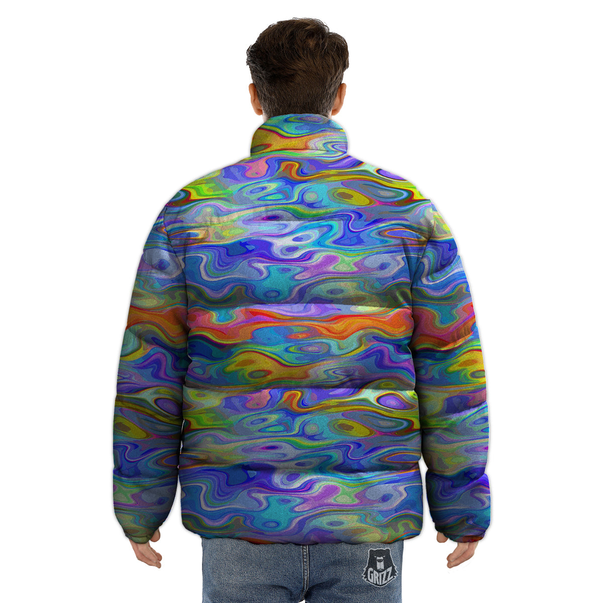 Colorful Tie Dye Wavy Hippie Print Puffer Jacket-grizzshop