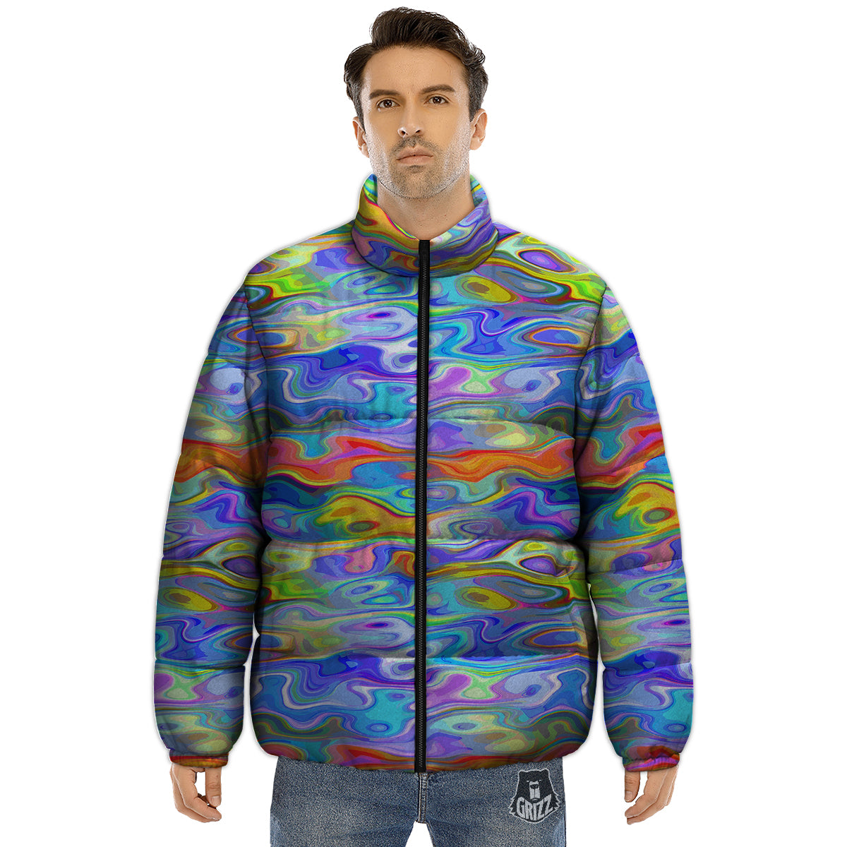 Colorful Tie Dye Wavy Hippie Print Puffer Jacket-grizzshop