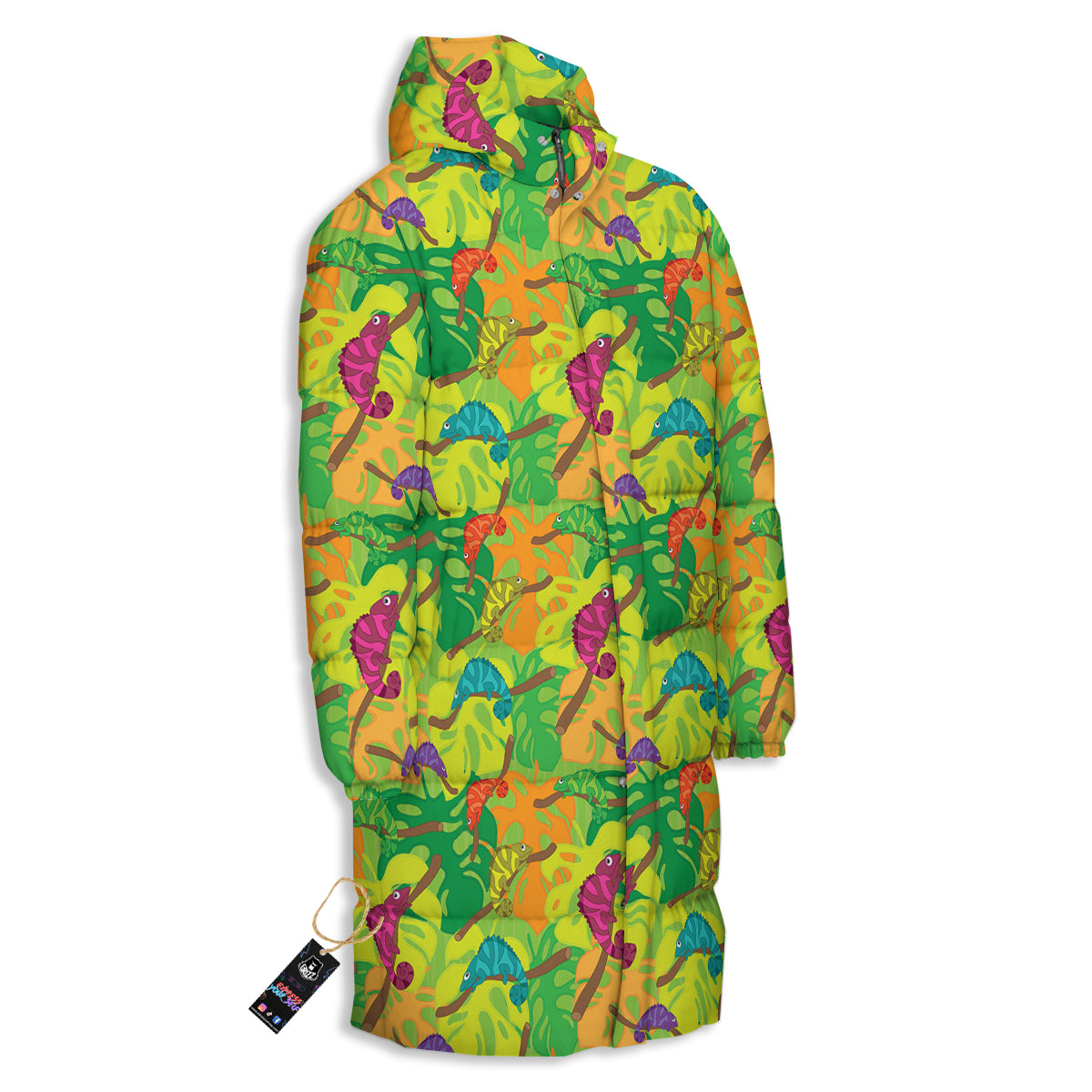 Colorful Chamaleon And Monstera Tropic Leave Print Pattern Long Down Jacket