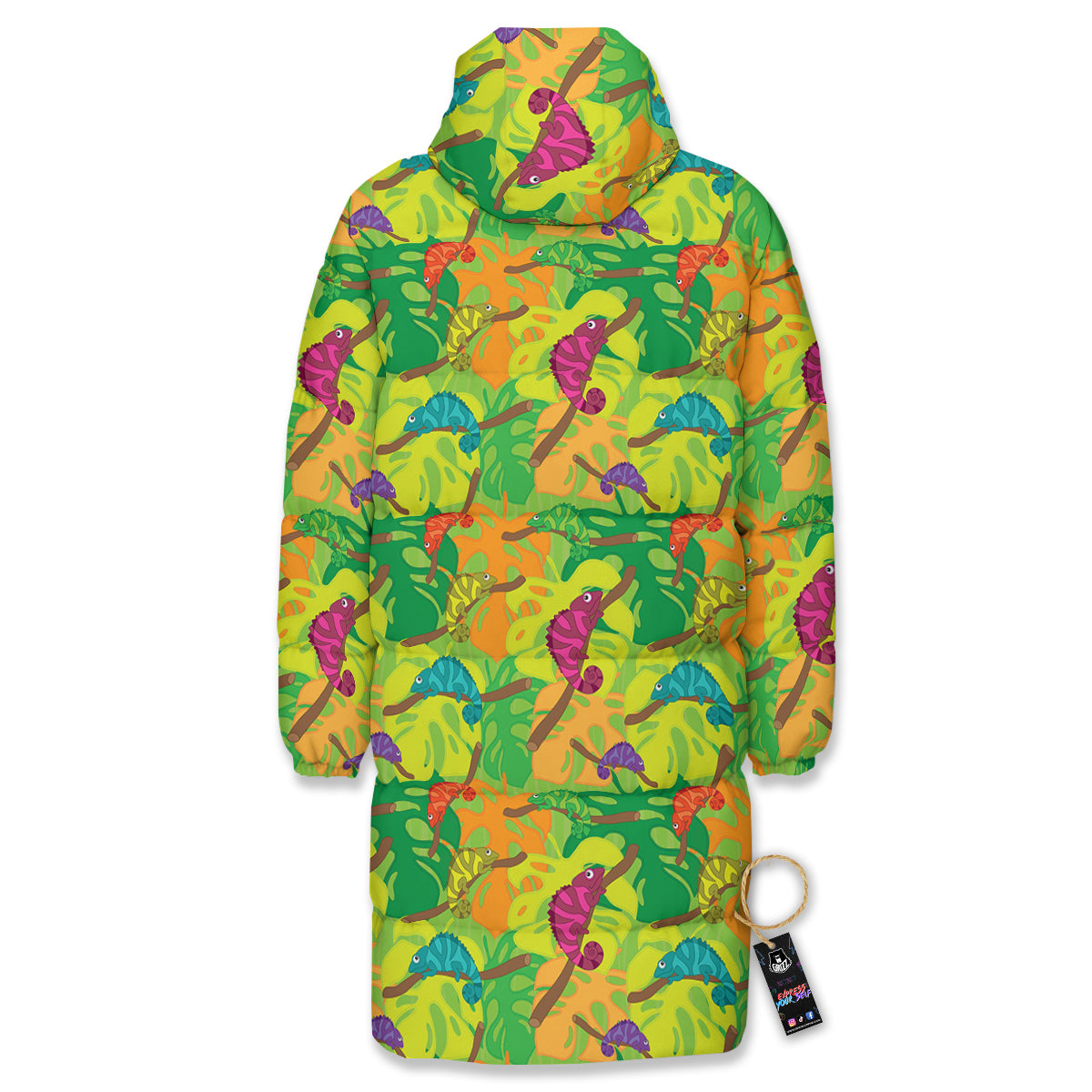 Colorful Chamaleon And Monstera Tropic Leave Print Pattern Long Down Jacket