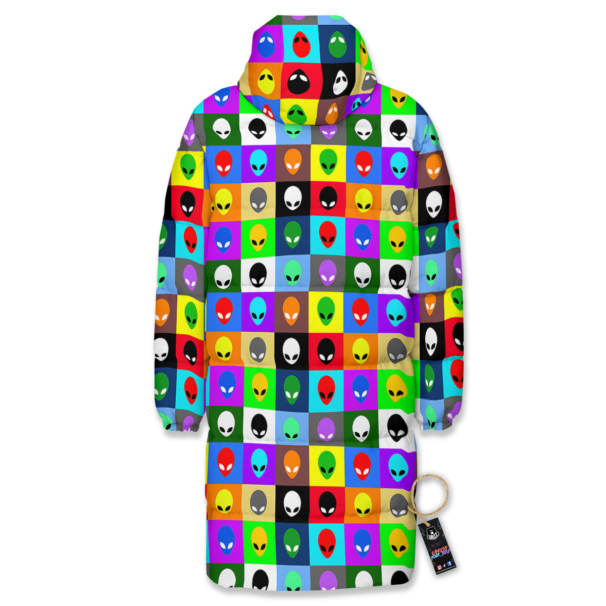 Colorful Retro Aliens Face Print Pattern Long Down Jacket