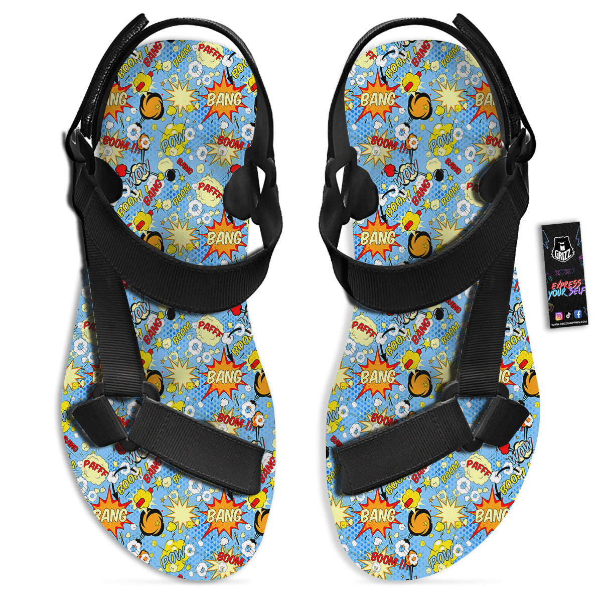 Comic Book Speech Bubbles Print Pattern Black Open Toe Sandals-grizzshop