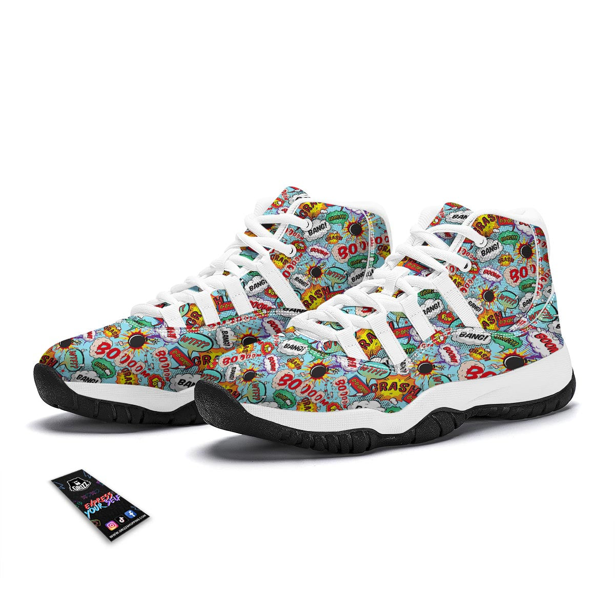 Comic Book Strip Pattern Print White Bball Shoes-grizzshop
