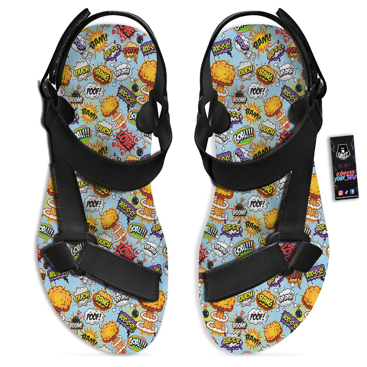 Comics Book Speech Print Pattern Black Open Toe Sandals-grizzshop