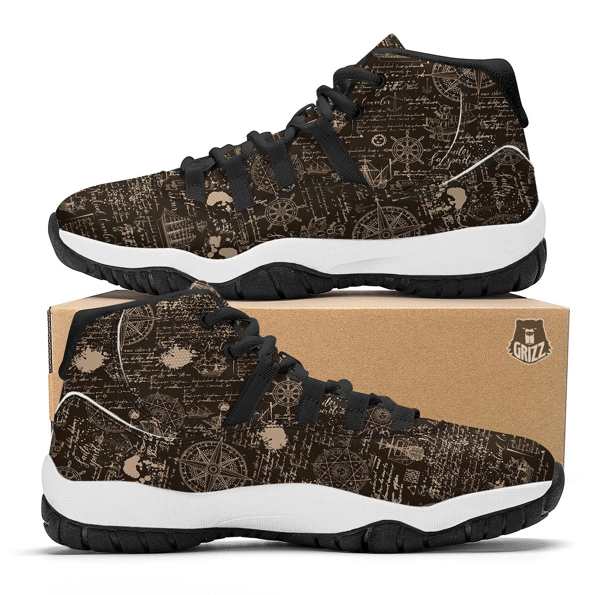 Compass Map Pattern Print Black Bball Shoes-grizzshop