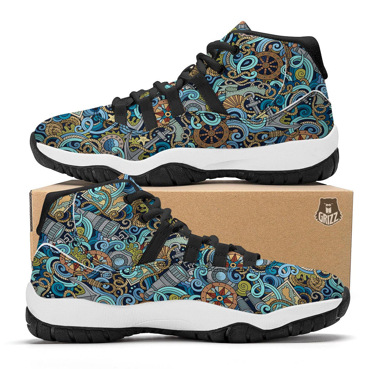 Compass Pattern Print Black Bball Shoes-grizzshop