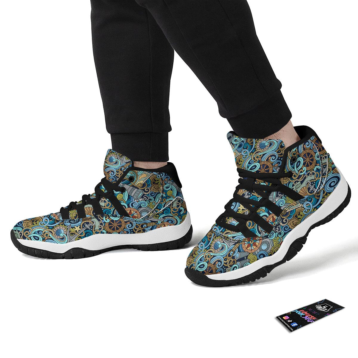Compass Pattern Print Black Bball Shoes-grizzshop