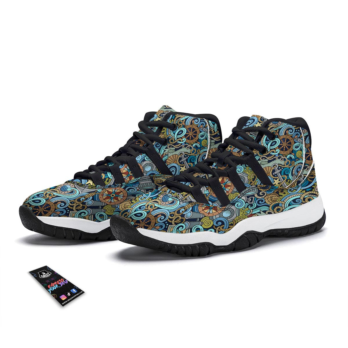 Compass Pattern Print Black Bball Shoes-grizzshop