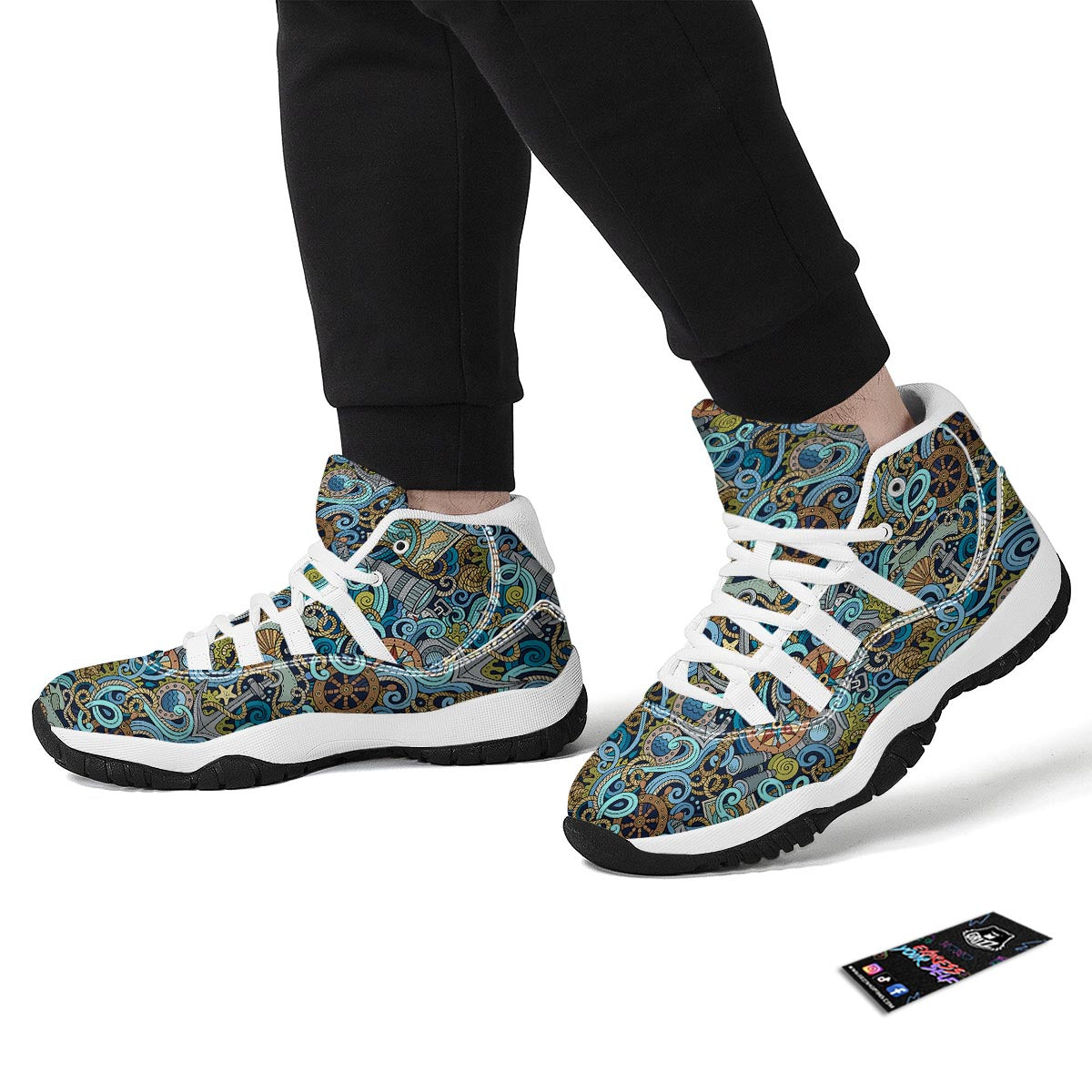 Compass Pattern Print White Bball Shoes-grizzshop