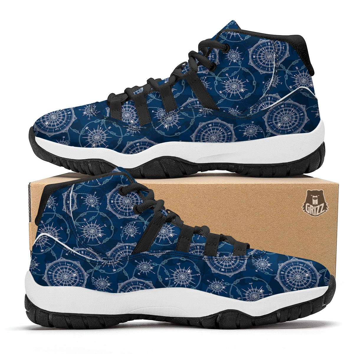 Compass Print Pattern Black Bball Shoes-grizzshop