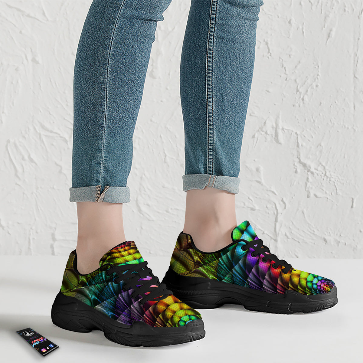 Computer Generated Colorful Fractal Print Black Chunky Shoes-grizzshop