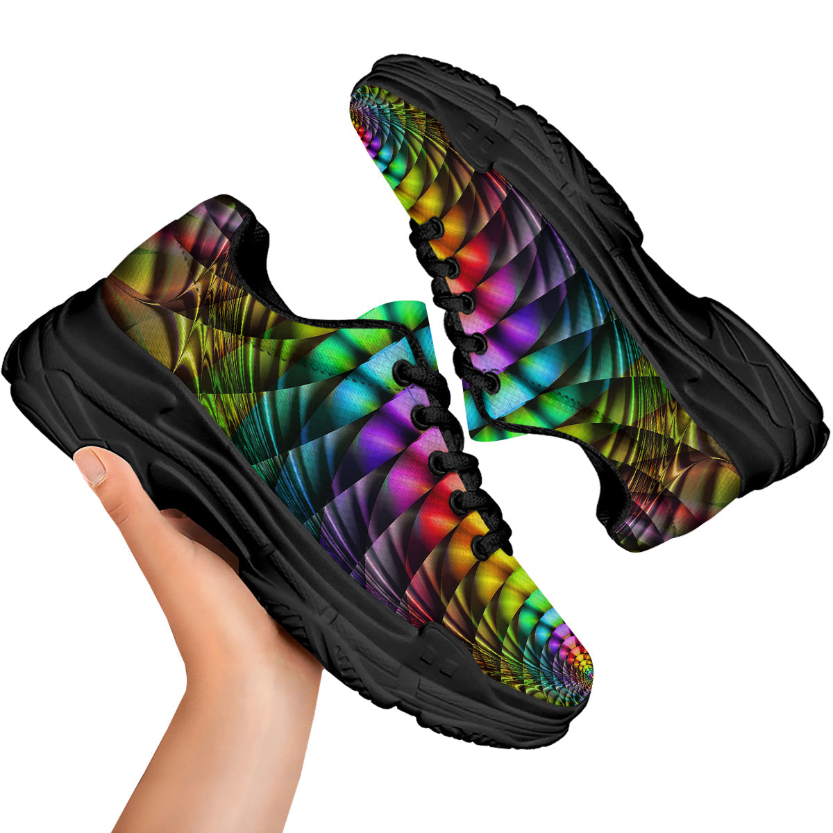 Computer Generated Colorful Fractal Print Black Chunky Shoes-grizzshop