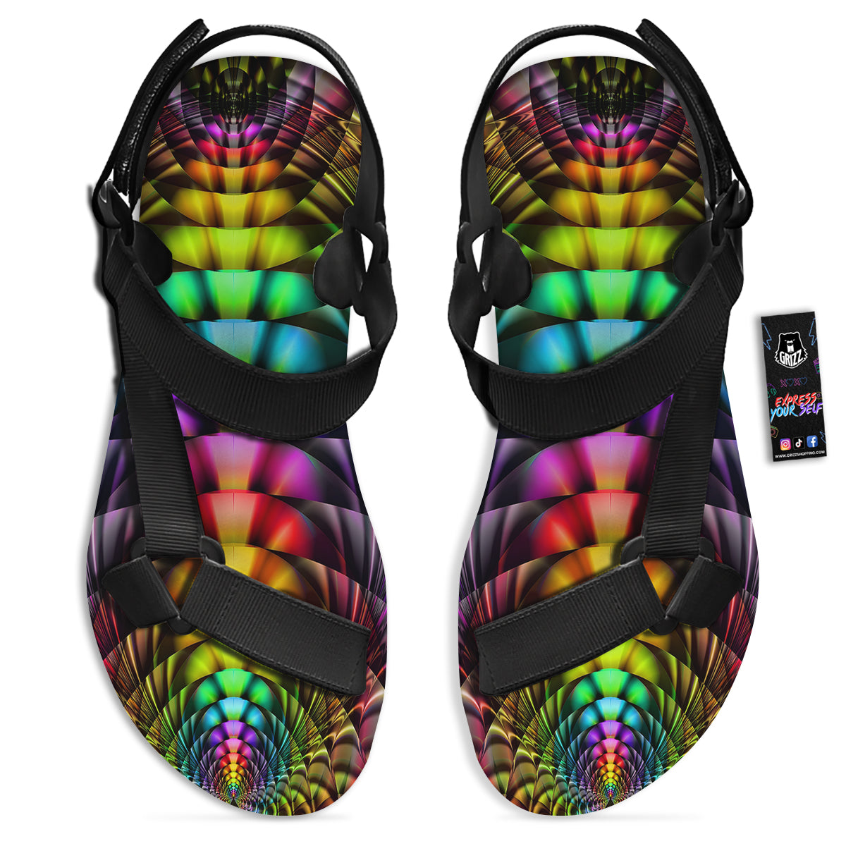 Computer Generated Colorful Fractal Print Black Open Toe Sandals-grizzshop