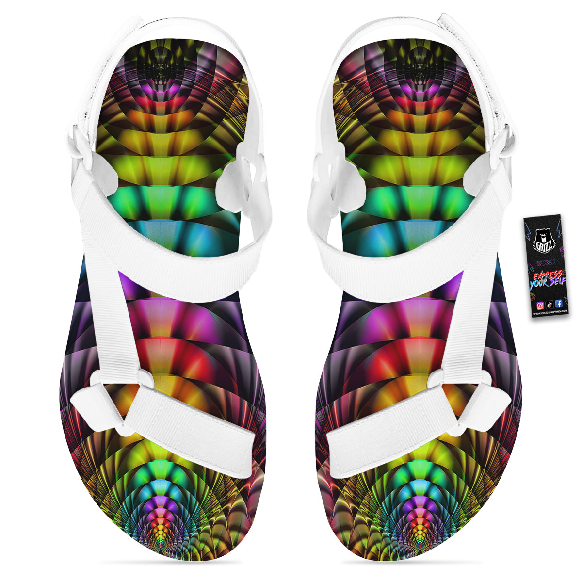 Computer Generated Colorful Fractal Print White Open Toe Sandals-grizzshop