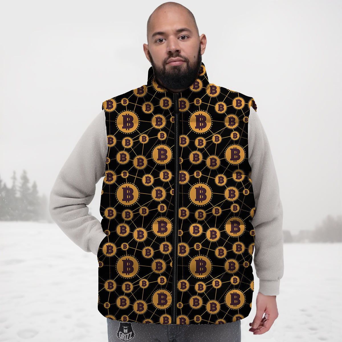 Connection Bitcoin Print Pattern Down Vest-grizzshop
