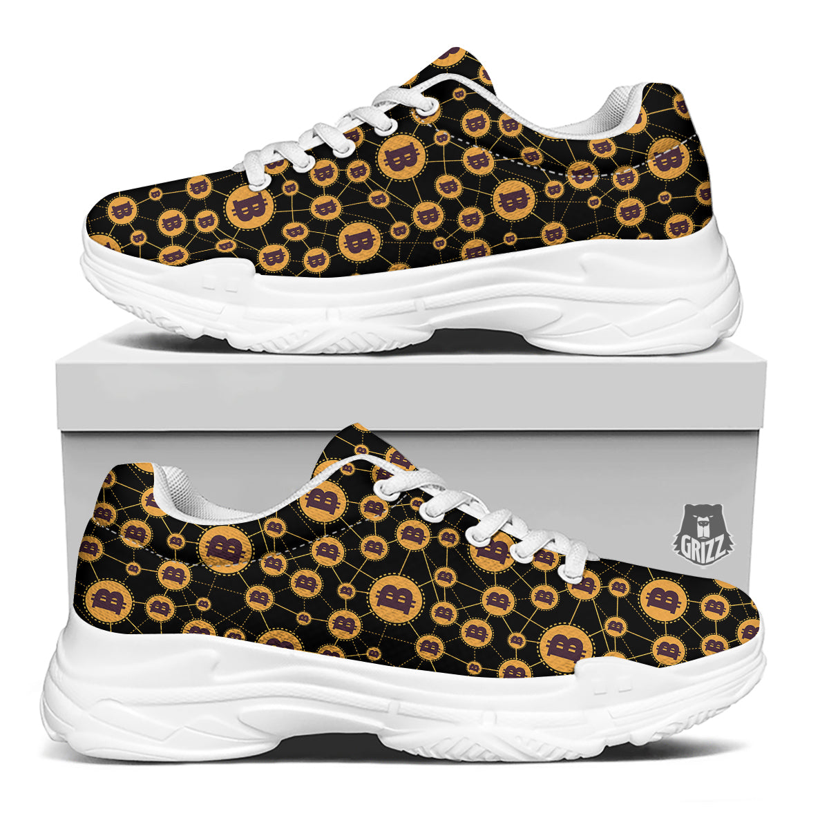 Connection Bitcoin Print Pattern White Chunky Shoes-grizzshop