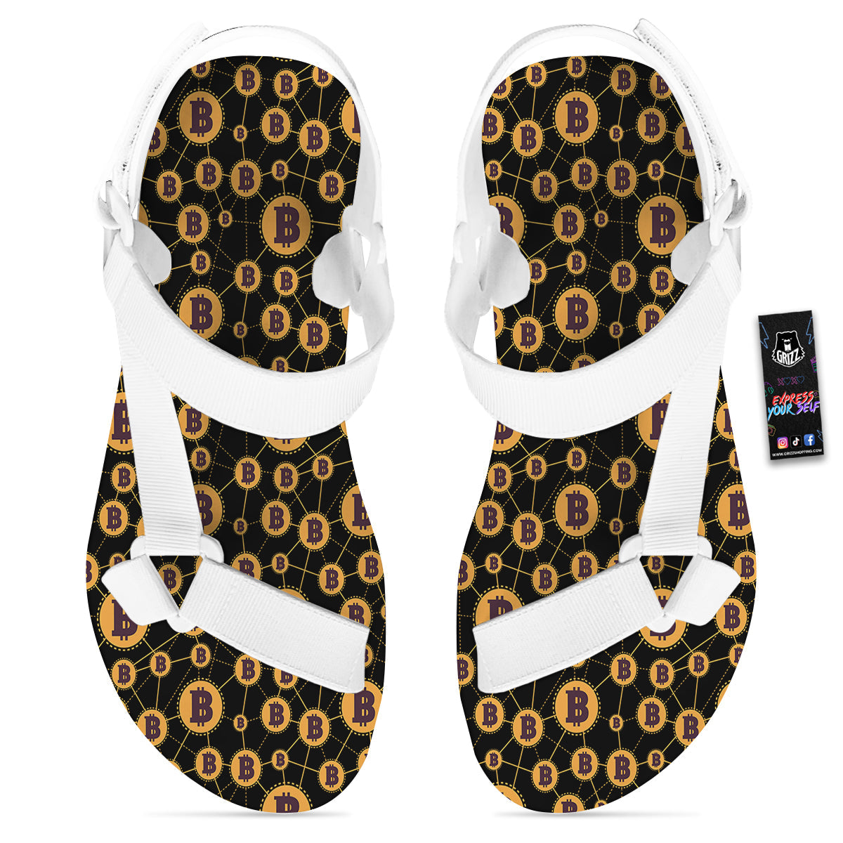 Connection Bitcoin Print Pattern White Open Toe Sandals-grizzshop