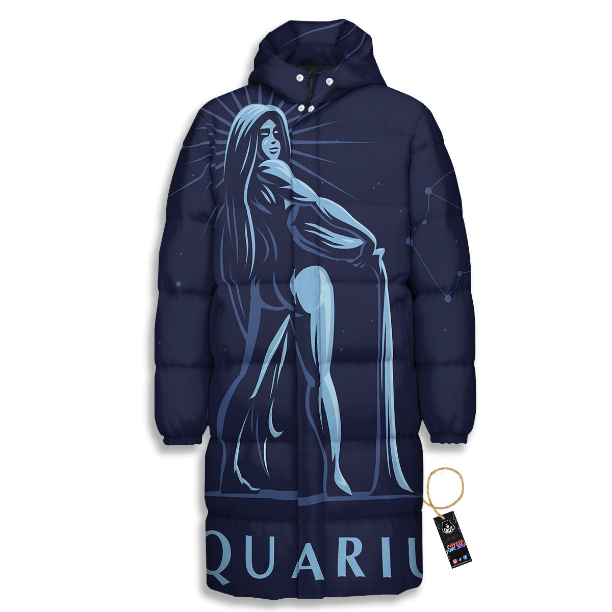Constellation Aquarius Print Long Down Jacket-grizzshop