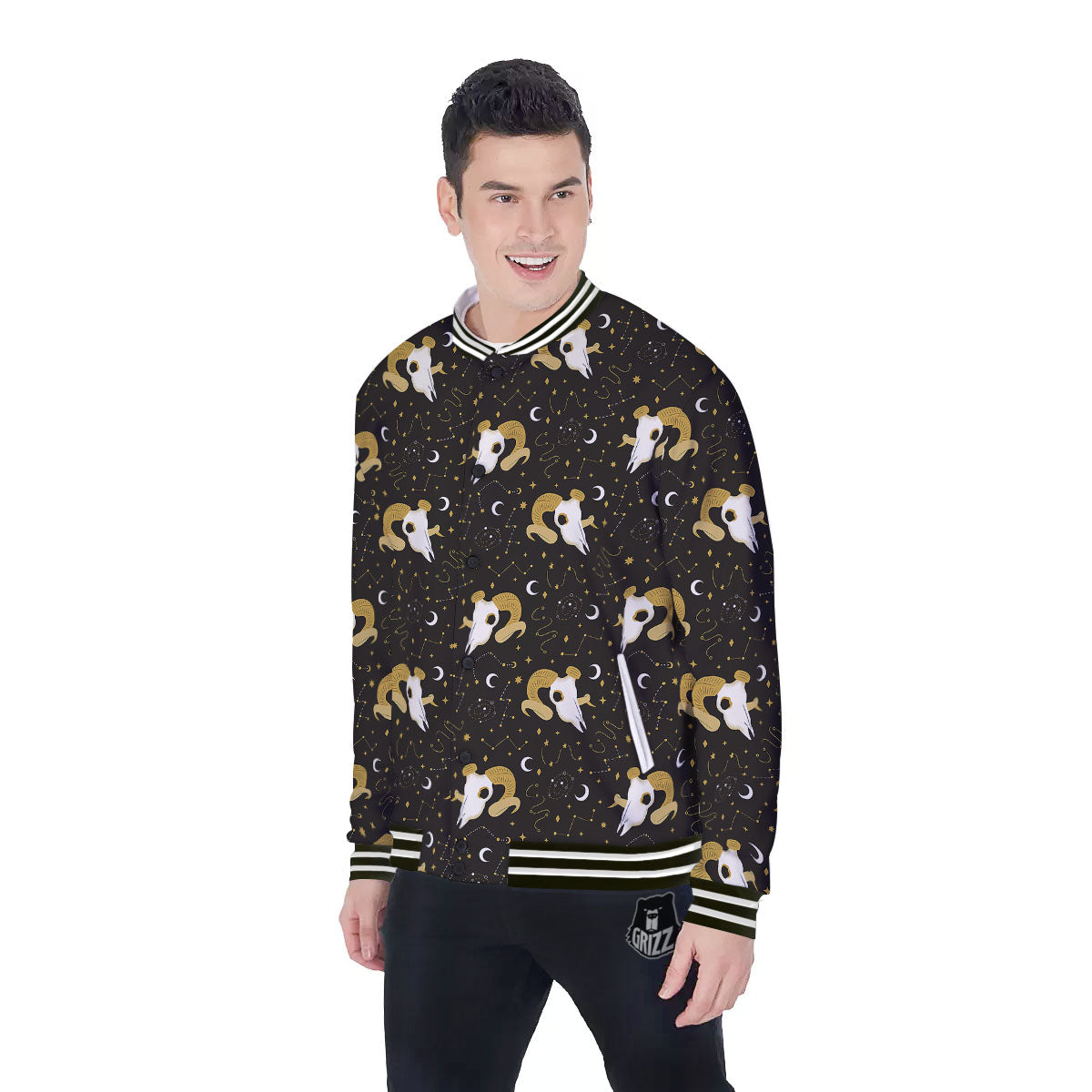 Constellation Aries Print Baseball Jacket-grizzshop