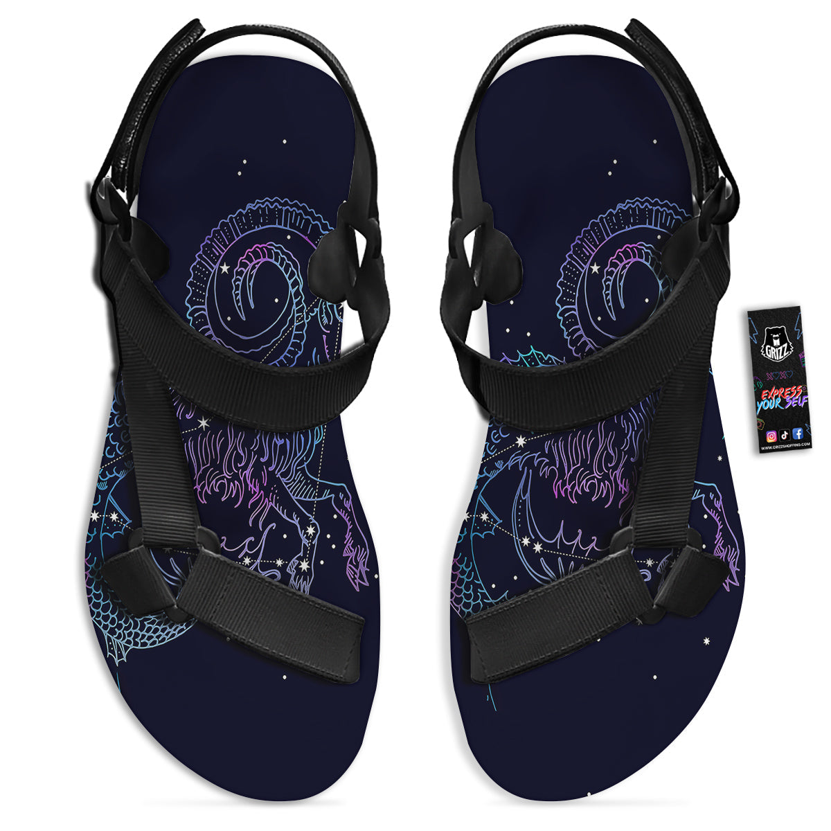 Constellation Capricorn Print Black Open Toe Sandals-grizzshop