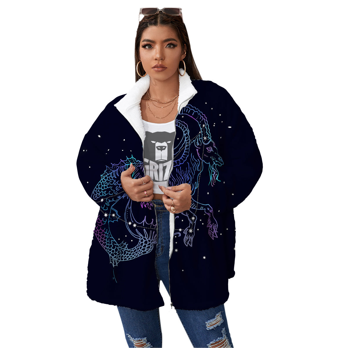 Constellation Capricorn Print Women's Sherpa Jacket-grizzshop