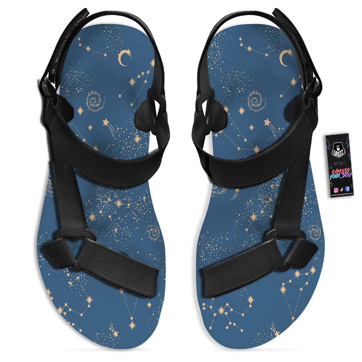Constellation Cosmic Print Pattern Black Open Toe Sandals-grizzshop