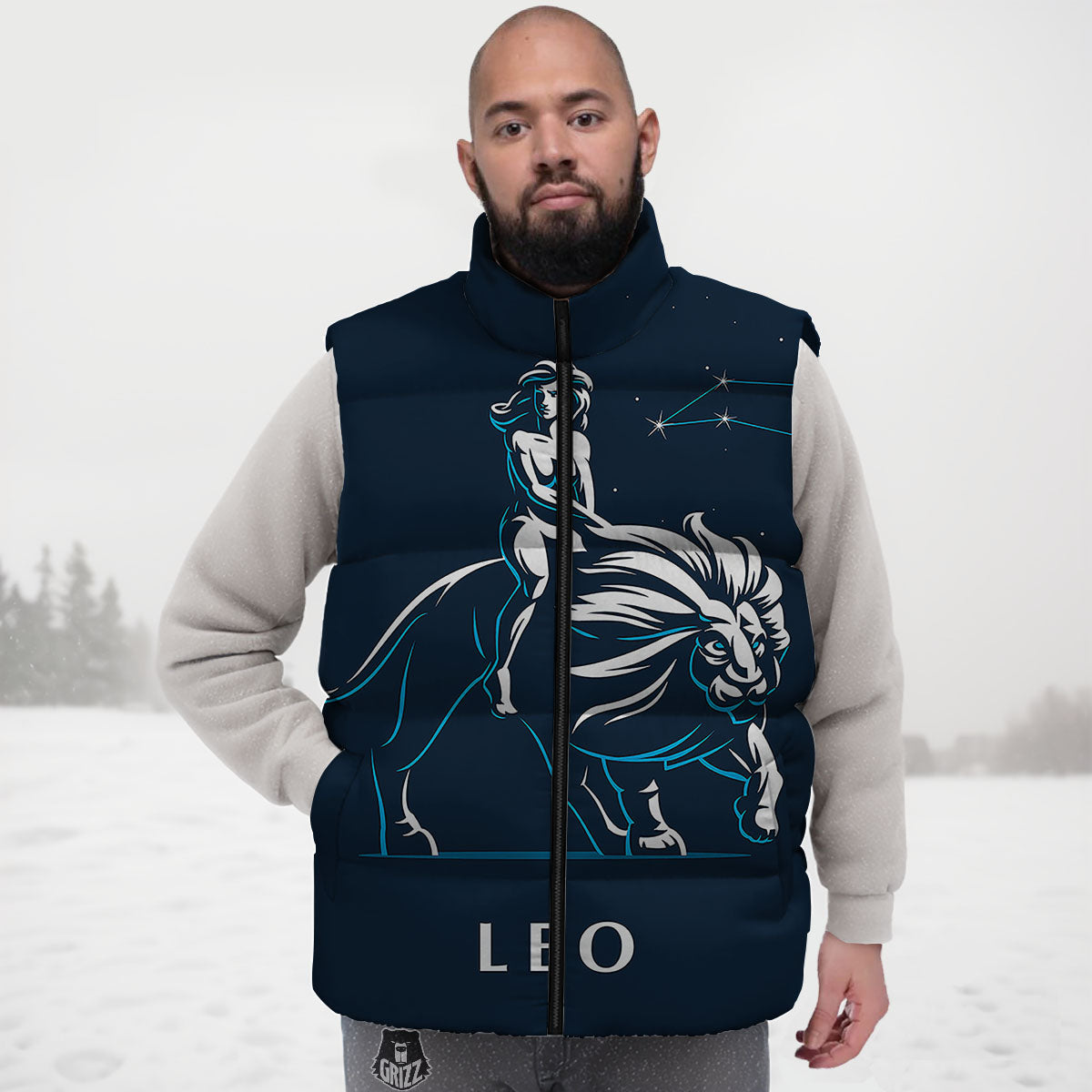 Constellation Leo Print Down Vest-grizzshop