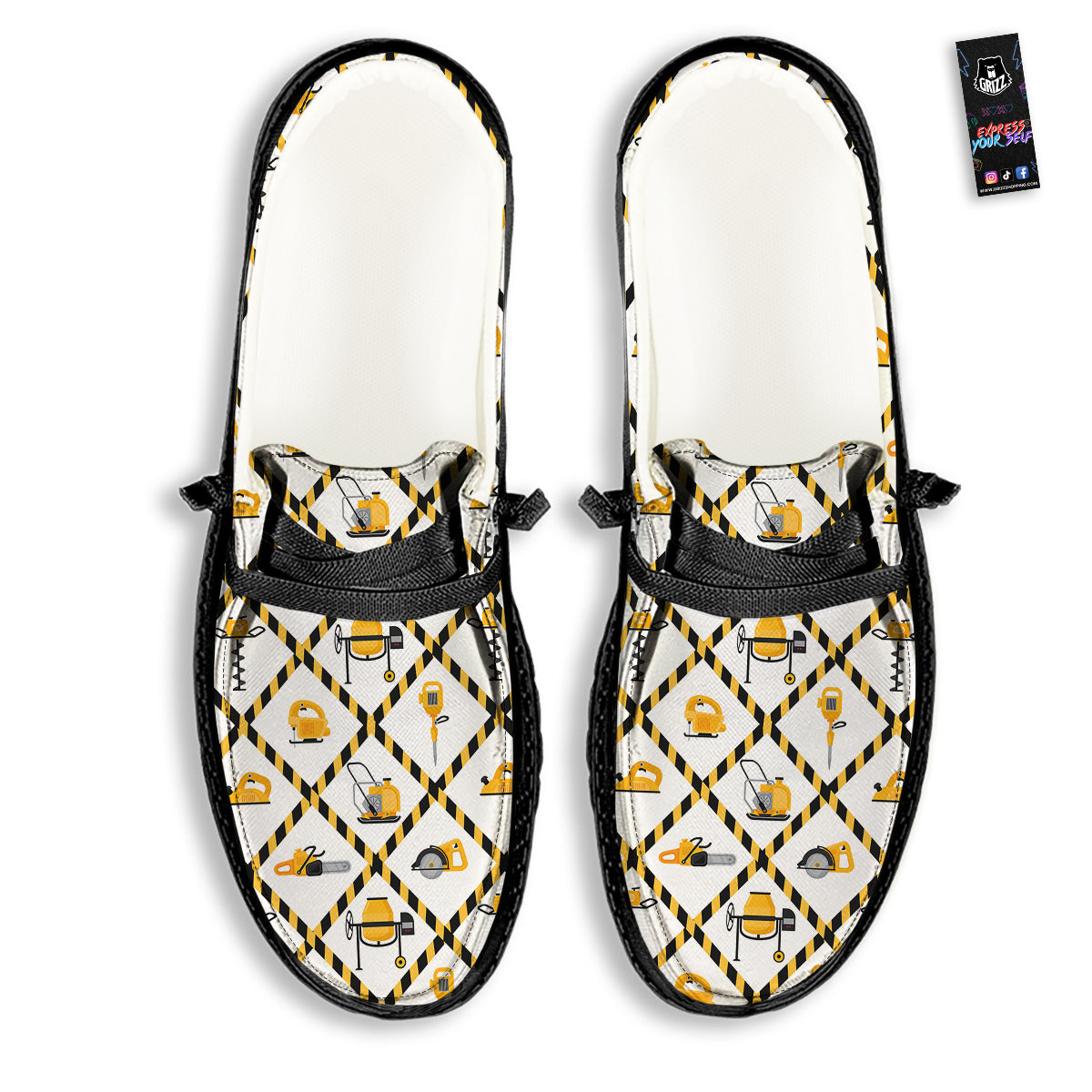Construction Equipment Yellow Print Pattern Black Loafers-grizzshop