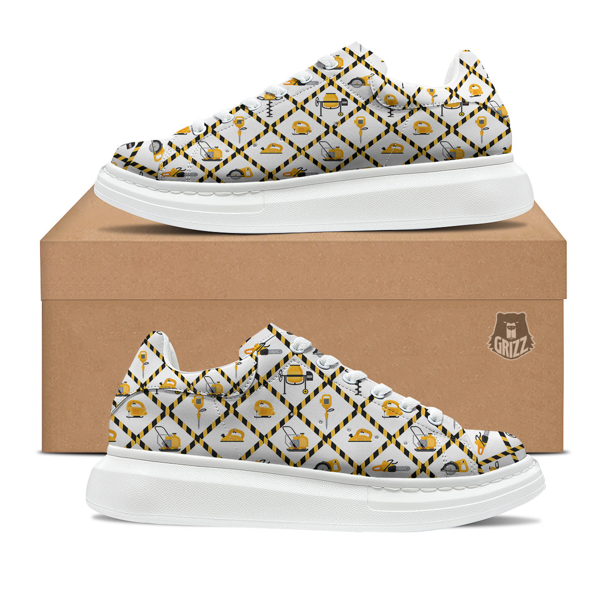 Construction Equipment Yellow Print Pattern Platform Shoes-grizzshop
