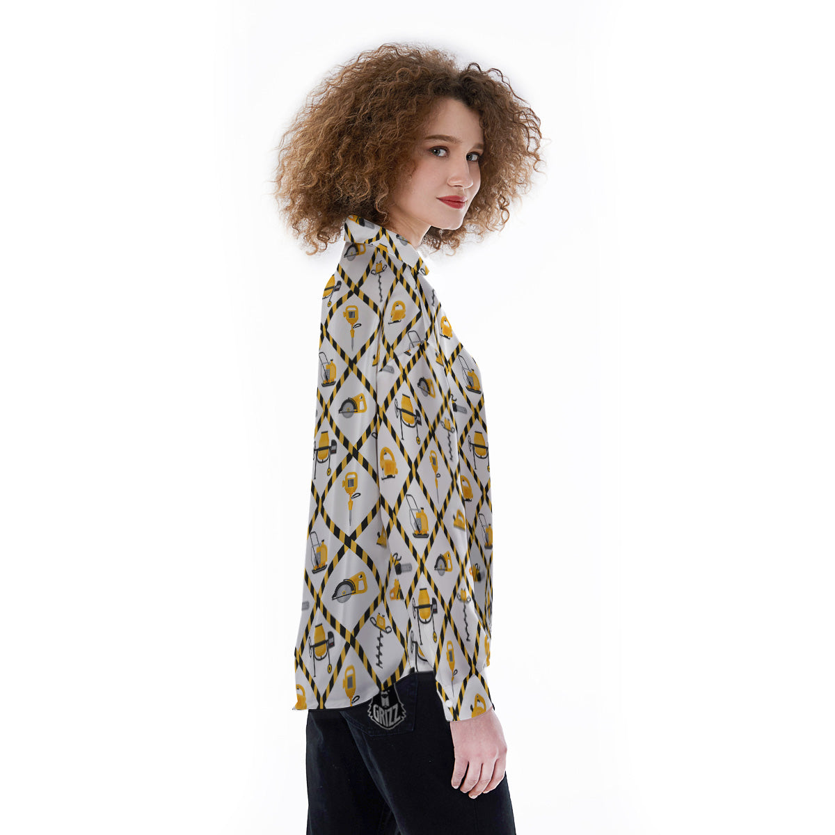 Construction Equipment Yellow Print Pattern Women's Long Sleeve Shirts-grizzshop