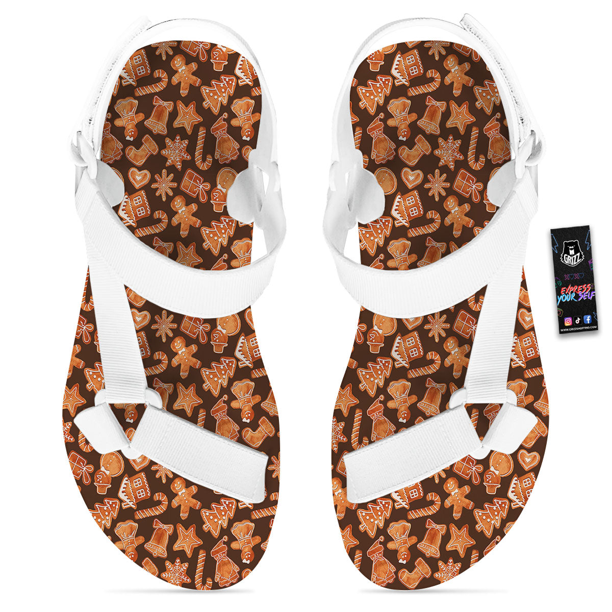 Cookies Gingerbread Print Pattern White Open Toe Sandals-grizzshop