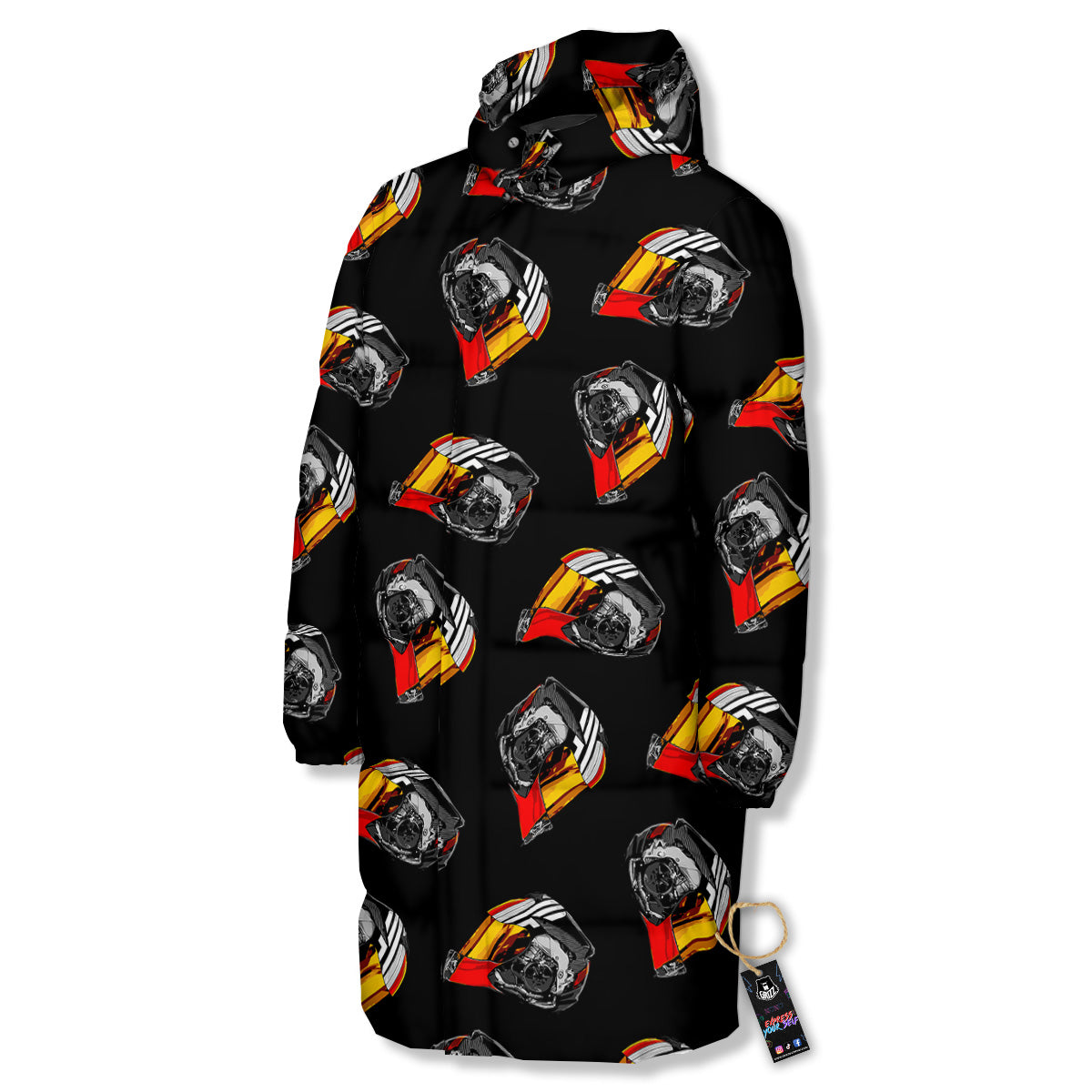 Cool Biker Helmet Print Pattern Long Down Jacket-grizzshop