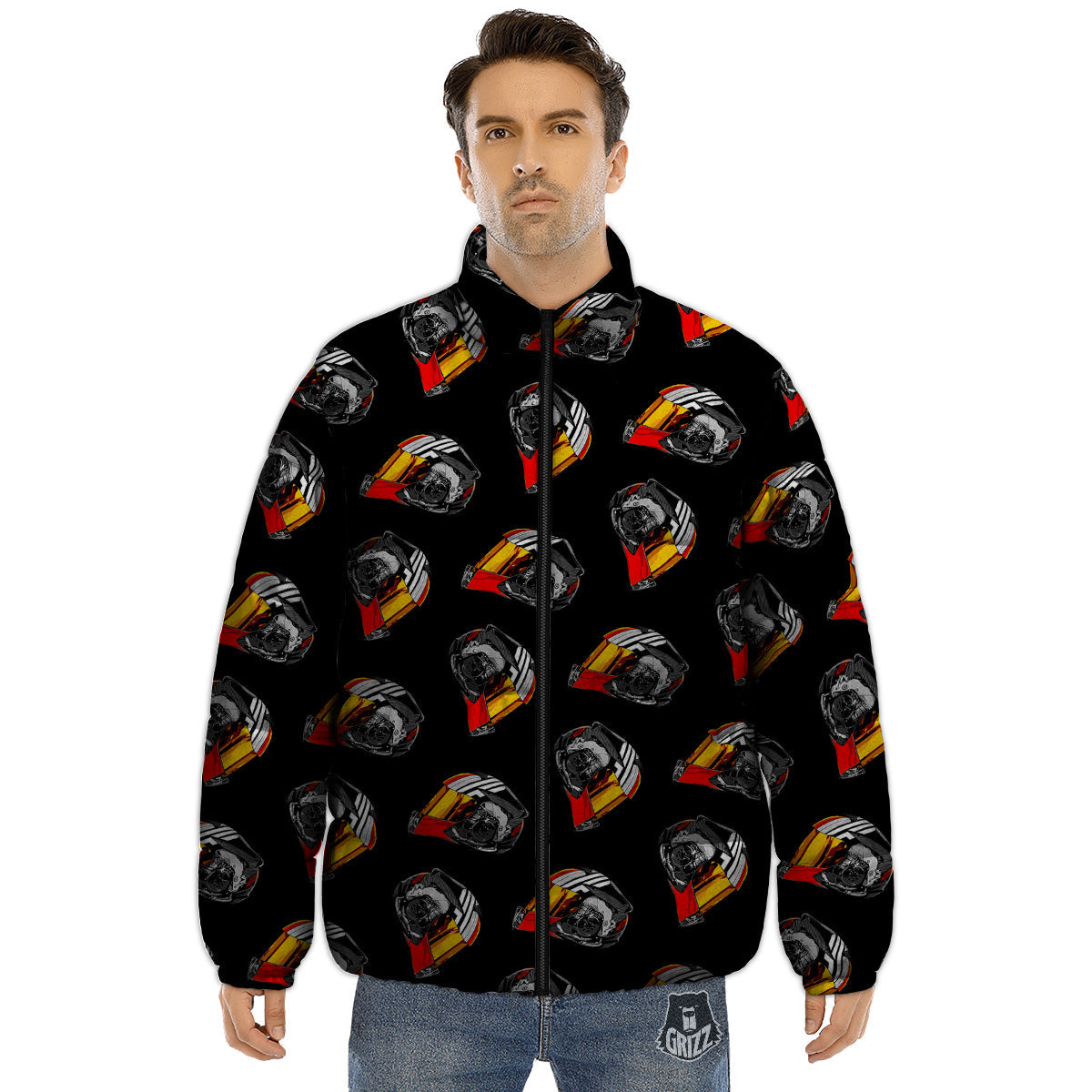 Cool Biker Helmet Print Pattern Puffer Jacket-grizzshop