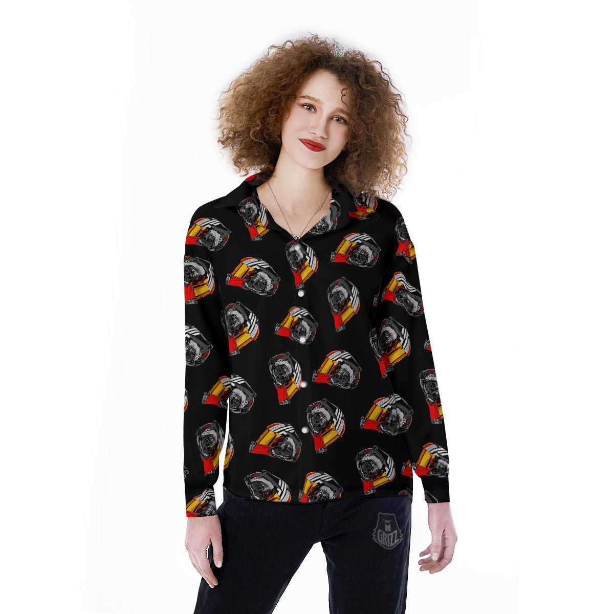 Cool Biker Helmet Print Pattern Women's Long Sleeve Shirts-grizzshop