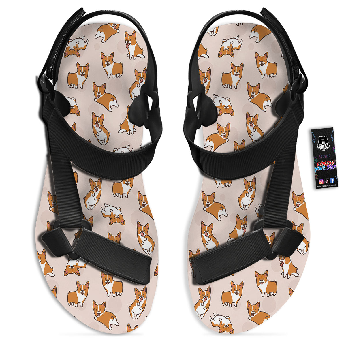 Corgi Cartoon Print Pattern Black Open Toe Sandals-grizzshop