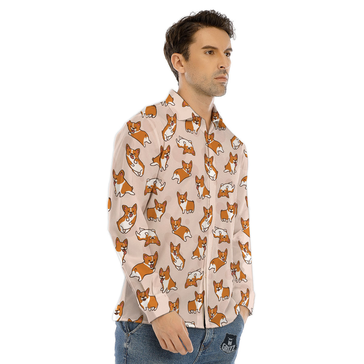 Corgi Cartoon Print Pattern Men's Dress Shirts-grizzshop