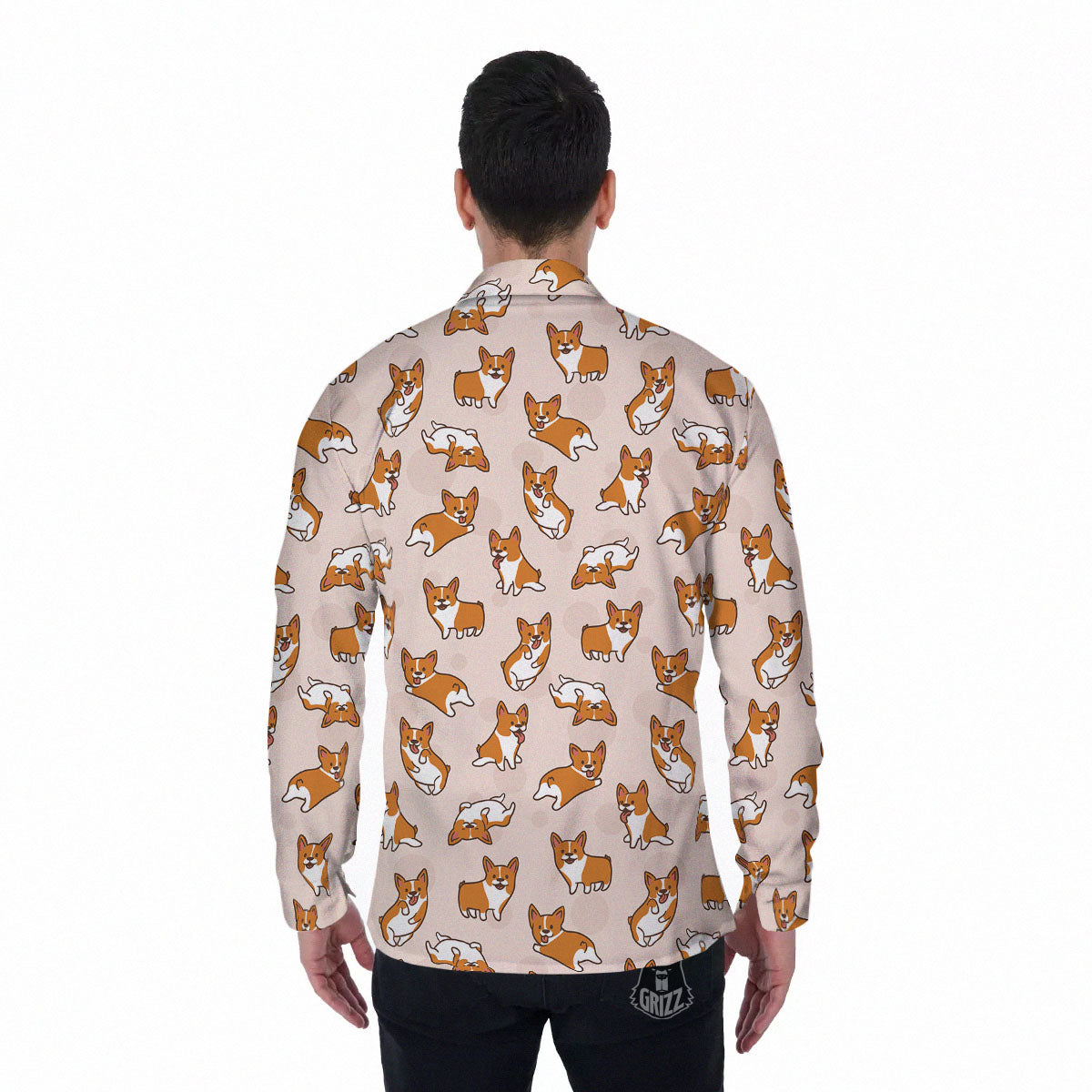 Corgi Cartoon Print Pattern Men's Long Sleeve Shirts-grizzshop