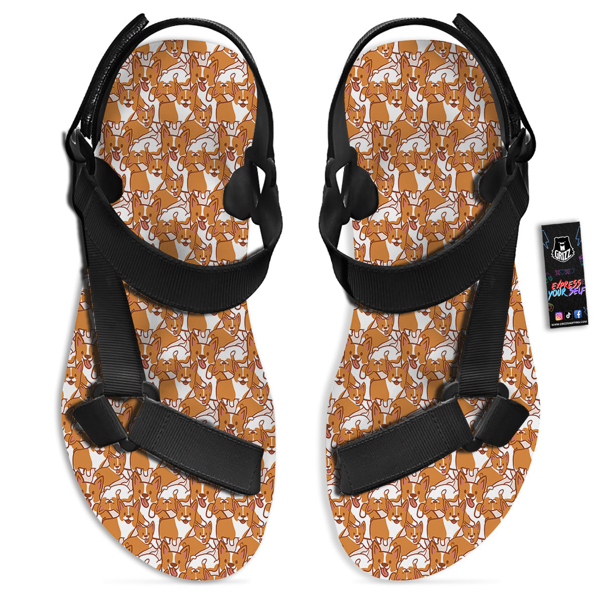 Corgi Cute Print Pattern Black Open Toe Sandals-grizzshop