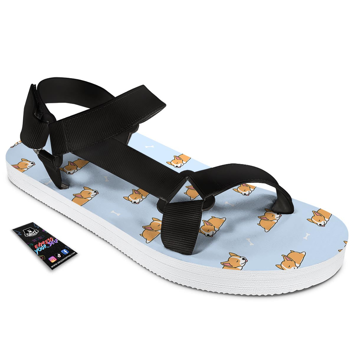 Corgi Sleeping Print Pattern Black Open Toe Sandals-grizzshop