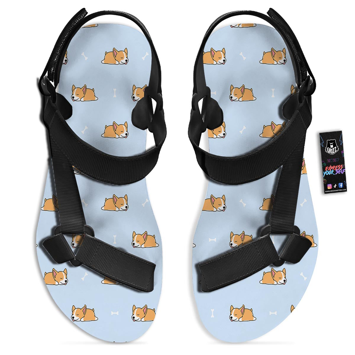 Corgi Sleeping Print Pattern Black Open Toe Sandals-grizzshop