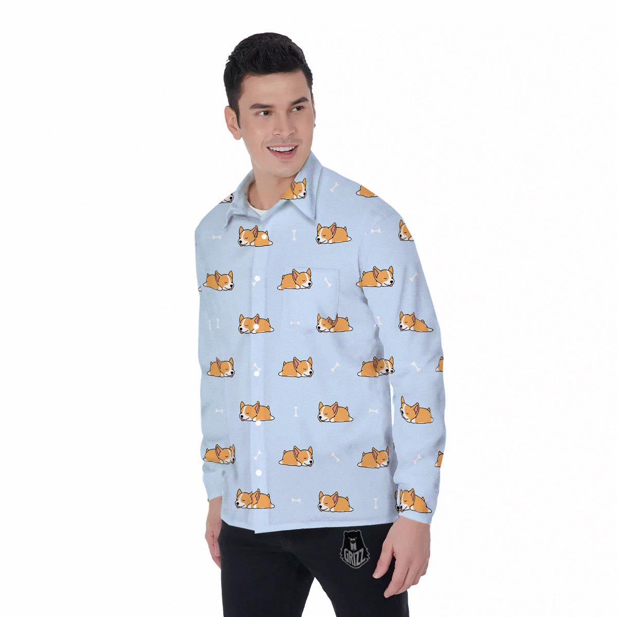 Corgi Sleeping Print Pattern Men's Long Sleeve Shirts-grizzshop