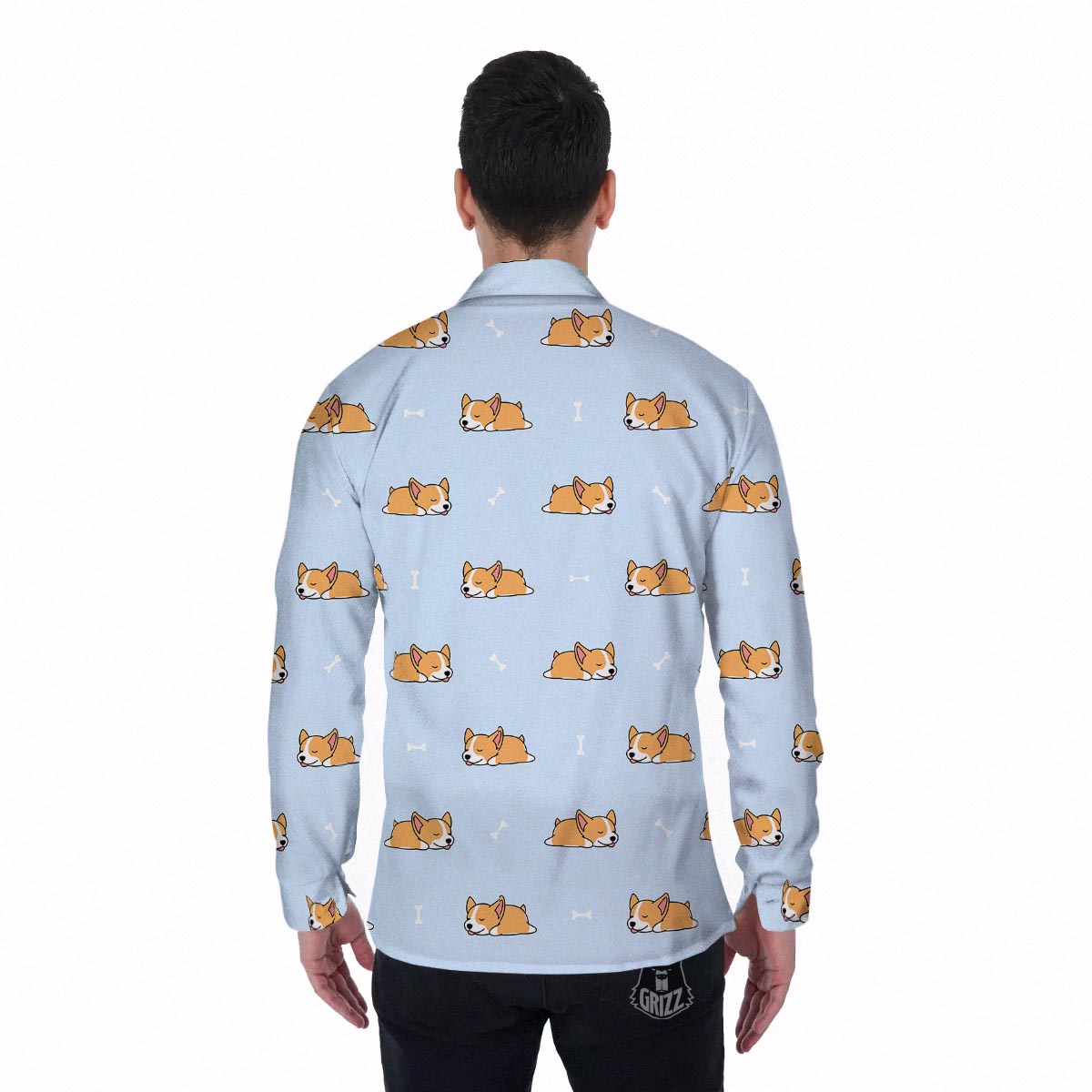 Corgi Sleeping Print Pattern Men's Long Sleeve Shirts-grizzshop