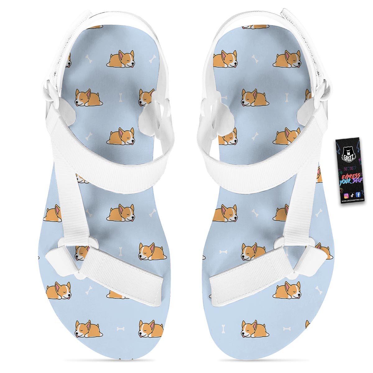 Corgi Sleeping Print Pattern White Open Toe Sandals-grizzshop