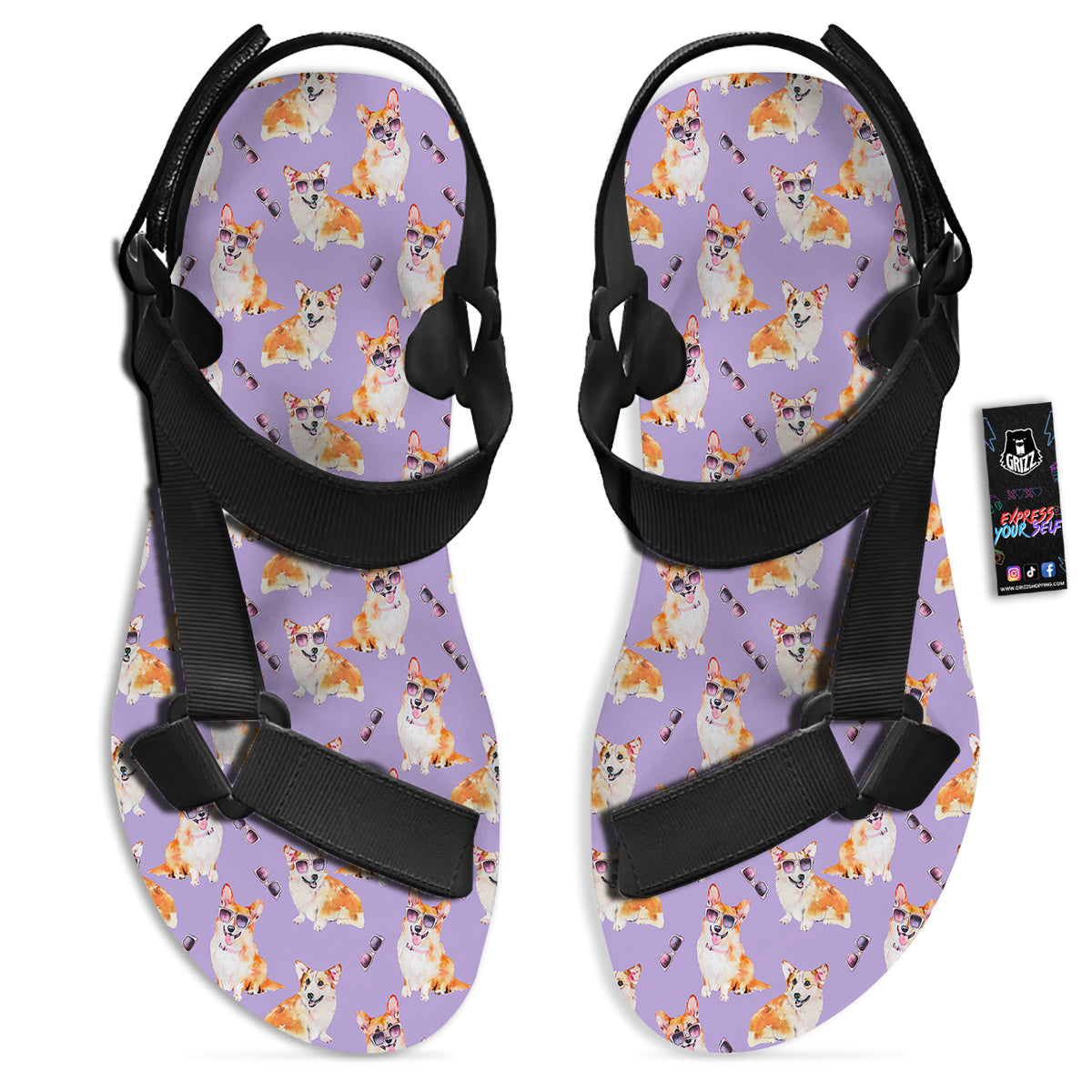 Corgi Watercolor Print Pattern Black Open Toe Sandals-grizzshop
