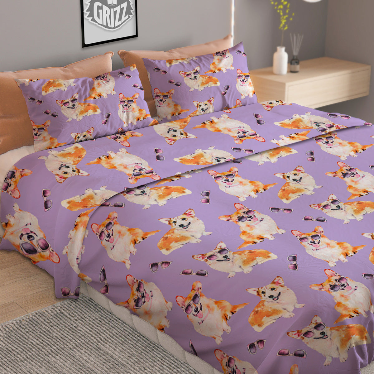 Corgi Watercolor Print Pattern Duvet Cover Bedding Set