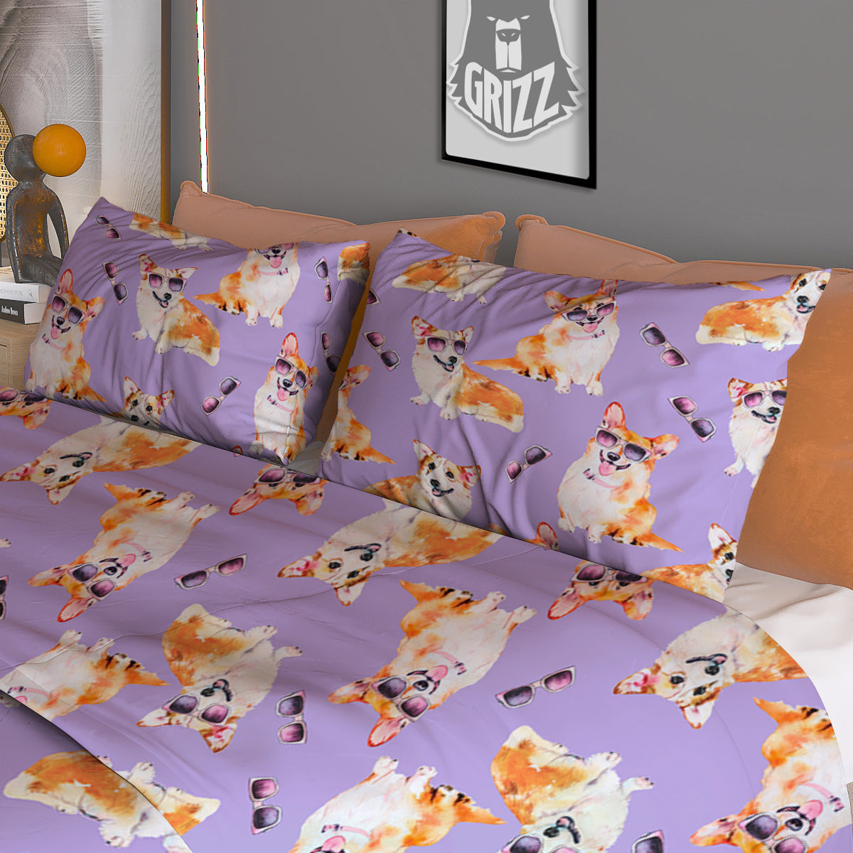 Corgi Watercolor Print Pattern Duvet Cover Bedding Set