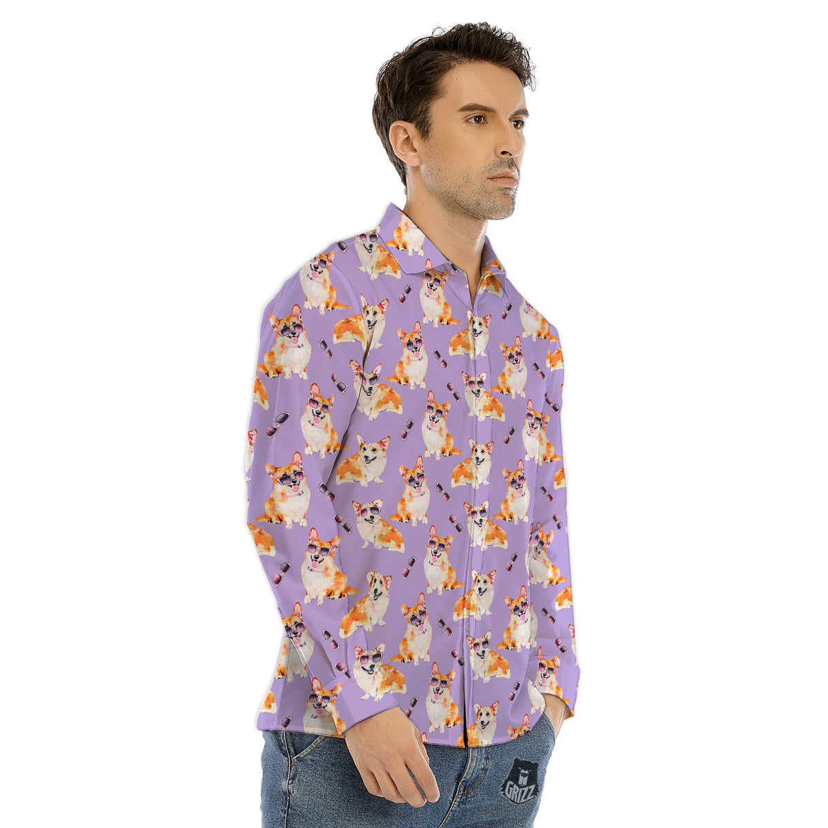 Corgi Watercolor Print Pattern Men's Dress Shirts-grizzshop