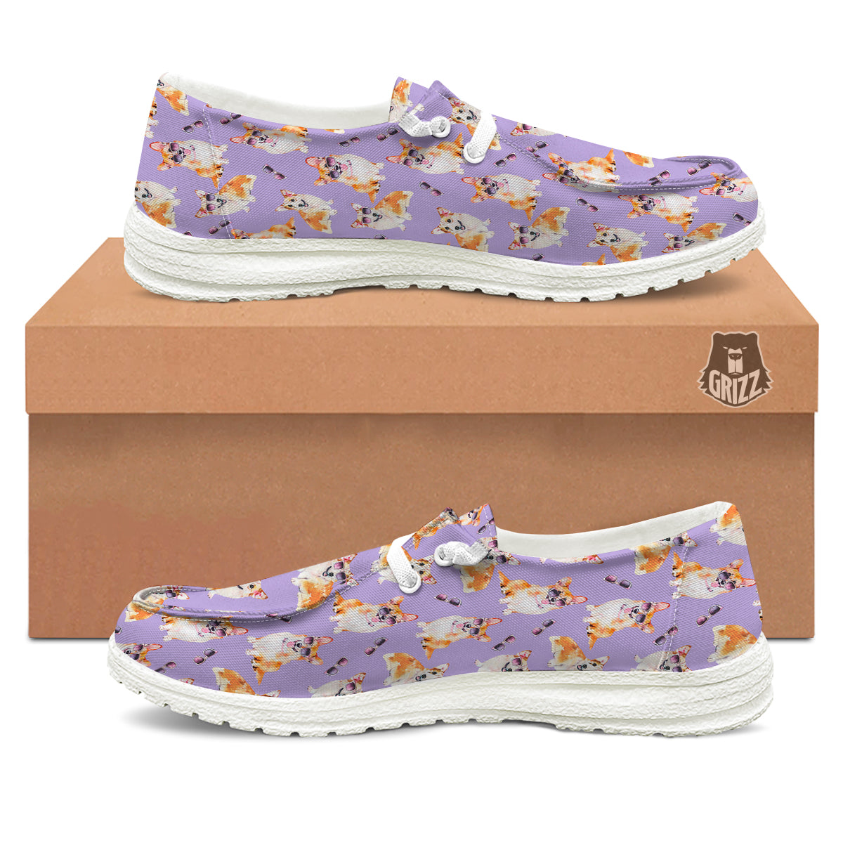 Corgi Watercolor Print Pattern White Loafers-grizzshop